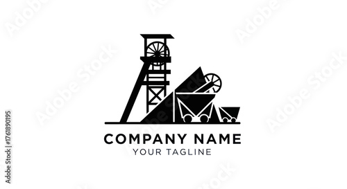 Mining industry logo depicting a mine shaft and ore carts for business branding.