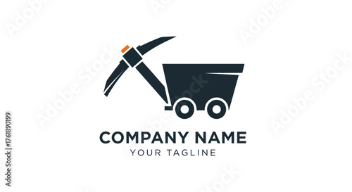 Mining company logo featuring a pickaxe and a cart for transporting materials.