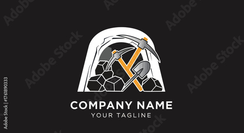 Mining Company Logo Featuring a Mine Entrance, Pickaxes, Shovel, and Coal.