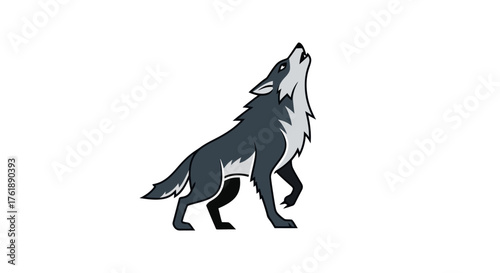 Stylized illustration of a grey wolf howling upwards with its head tilted back.