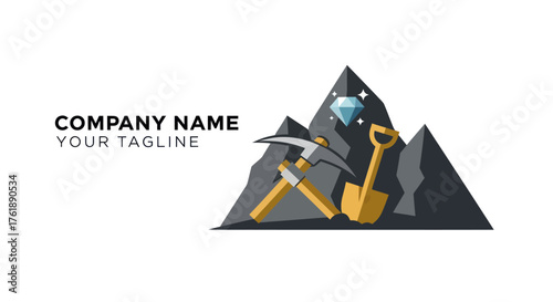 Mining Company Logo Featuring Diamond, Pickaxe, Shovel, and Mountain.