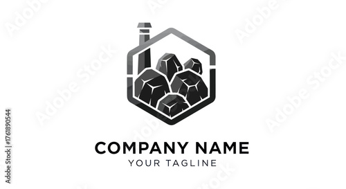 Hexagonal House Logo with Rocks and Chimney Representing Company Identity.