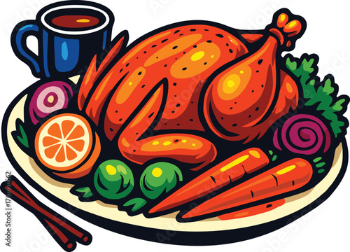 Roasted turkey with vegetables and gravy served on plate for festive dinner