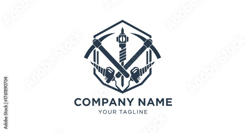Mining Industry Emblem with Tools and Tower.
