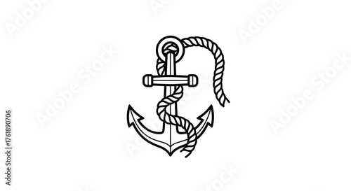 Black and White Anchor with Rope Illustration.