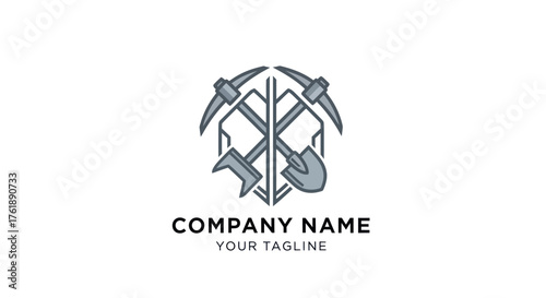 Mining company logo featuring crossed pickaxes and shovel design.