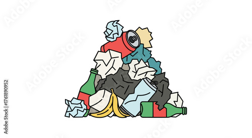 Colorful Cartoon Pile of Trash and Recyclables Illustration.