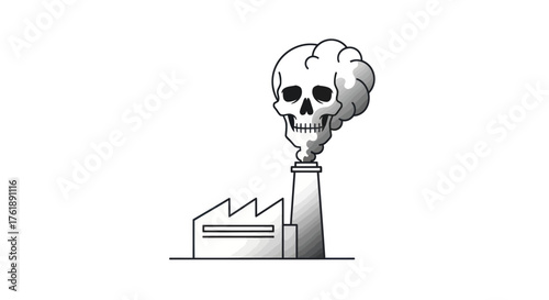 Factory smokestack emitting skull-shaped smoke symbolizing deadly industrial pollution.