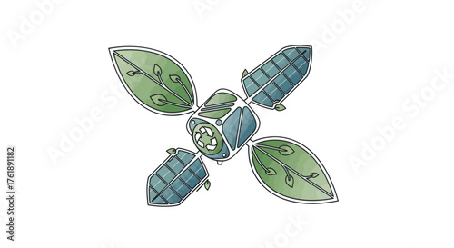 Stylized Satellite Illustration with Leaf-Like Solar Panels.