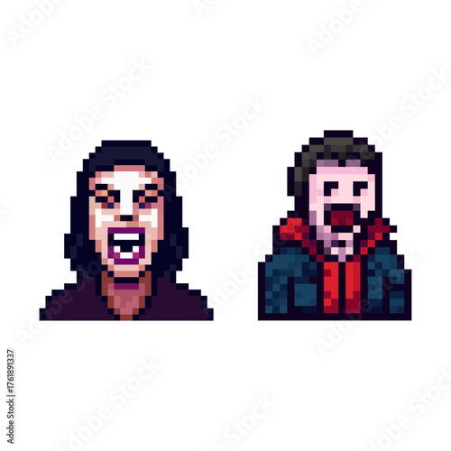 A terrifying set of 8-bit style pixel art horror icons. This collection features two portraits of characters inspired by classic slasher movies, possibly depicting a puppet villain 