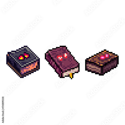 A spooky set of 8-bit style pixel art magic books. This collection features three unique enchanted tomes or grimoires, each with a dark cover and glowing mystical eyes or gems.