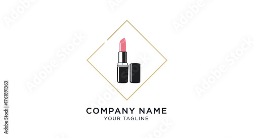 Elegant pink lipstick logo design inside a golden rhombus frame.