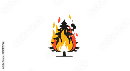 Stylized Silhouette of a Burning Pine Tree with Flames.