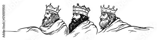 Hand drawn three kings magi heads in cloaks black and white vector line art illustration