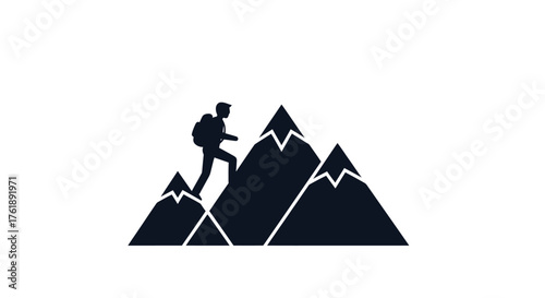 Silhouette of a hiker with a backpack climbing a rugged mountain range.