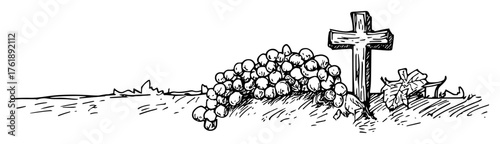 Hand drawn grave with cross and flowers black and white vector line art memorial illustration
