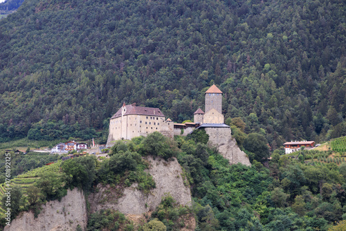 Tyrol Castle (Schloss Tirol) and vineyards in the mountains of Tirol (Dorf Tirol) in South Tyrol, Italy