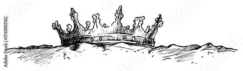 Hand Drawn Lost Royal Crown Buried In Sand Vintage Ink Sketch Vector Illustration