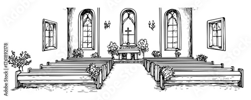 Hand Drawn Church Interior With Pews And Altar Vintage Ink Sketch Vector Illustration