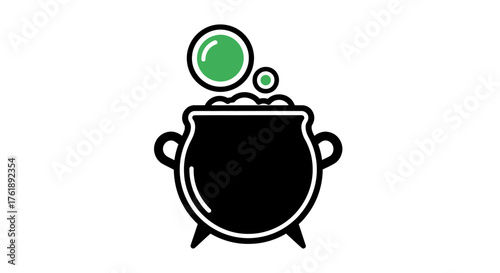 Black Cauldron Bubbling with Green Potion and Steam.