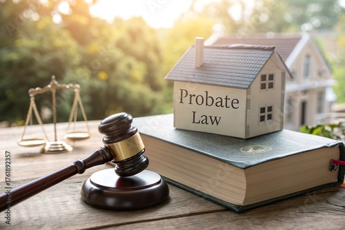 Gavel Resting Beside Probate Law Book and House Model in Daylight
