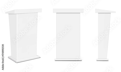 Blank white rostrum. Front and side view. Realistic 3d vector mock-up. inclined tabletop promotional tradeshow table. Mockup. Slanted exhibition lectern portable counter stand. Template for design