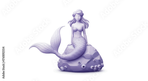 Purple Mermaid Figurine Sitting on Rock with Crown and Flowing Hair.