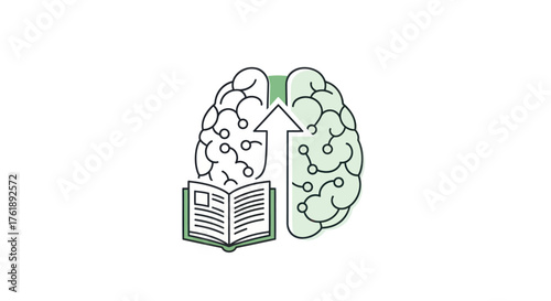 Brain Learning Concept: Open Book with Arrow Pointing to Brain Halves.