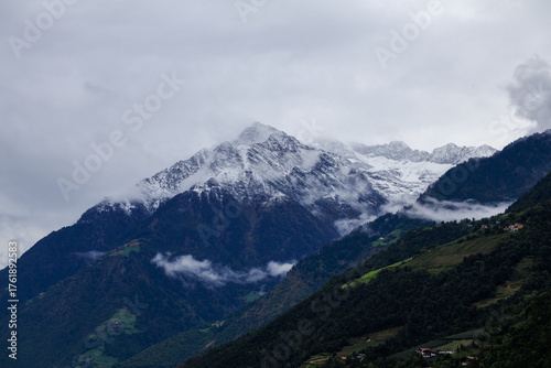 Dangerous looking snowcapped mountain summit Cima di Tel (Zielspitze) on a cloudy day in autumn in South Tyrol, Italy