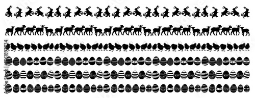 Hand drawn easter borders with bunnies chicks animals and decorated eggs repeating seamless pattern black and white vector set