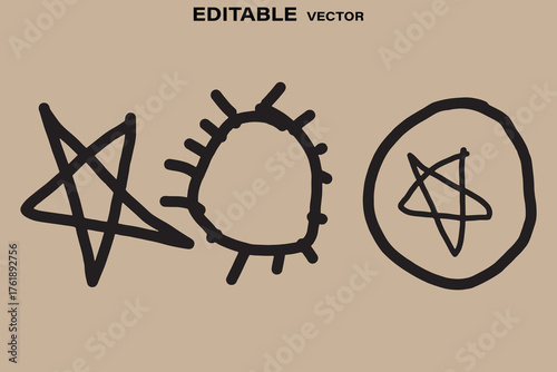Three hand drawn primitive symbols star sun and circle with star
