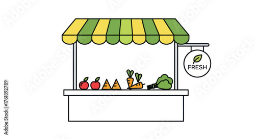 Colorful Fruit and Vegetable Stand with Fresh Sign.