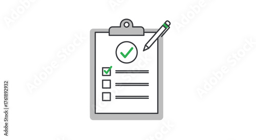 Clipboard with Checklist and Pen Task Completion Icon.