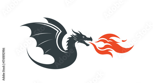 Stylized Black Dragon Breathing Fiery Orange Flames.