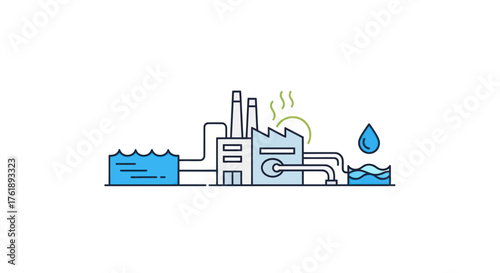 Stylized Industrial Factory Building with Water Processing System Illustration.