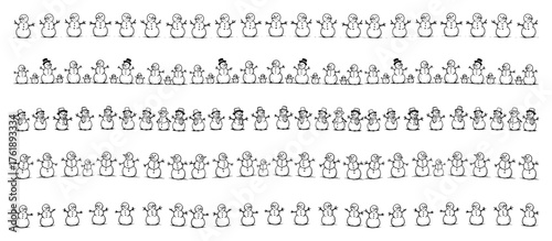 Set of hand-drawn snowman borders. Winter Christmas vector decorative line dividers and doodle page elements.