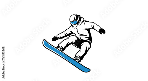 Snowboarder in mid-air performing a trick on a blue snowboard.