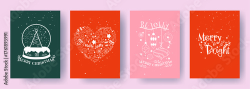 Trendy Cute Hand-drawn Christmas Set. Retro Pop Art vector cards. Snow Globe, Heart Ornaments, Be Jolly. Coral Red and Green. Modern aesthetic for poster, cover, print and greeting card design.