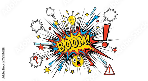 Explosive boom comic book style graphic with vibrant colors and dynamic energy conveying a sense of excitement and impact perfect for adding visual flair to projects and designs