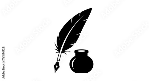 Quill Pen and Inkwell: Classic Writing Tools in Black Silhouette.