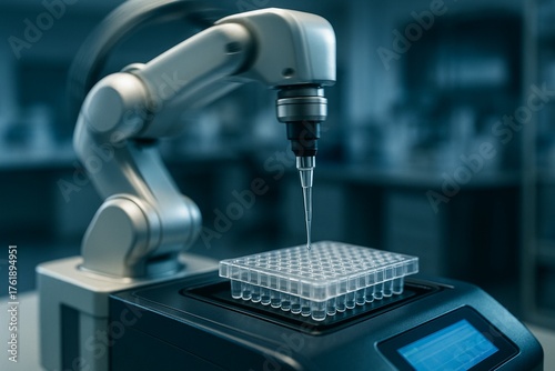A precise robotic arm performing high-throughput screening in a modern automated laboratory.