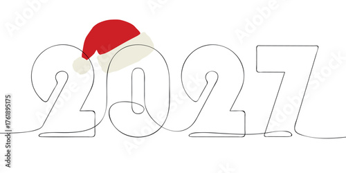 Continuous line drawing of number 2027 wearing Santa hat. Minimal one line Christmas and New Year illustration for greeting card, poster, or holiday design