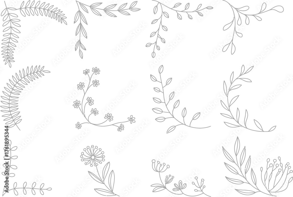 Fototapeta premium Botanical Floral Line Art Vector Set – Hand-Drawn Leaf and Branch Decorative Design Elements