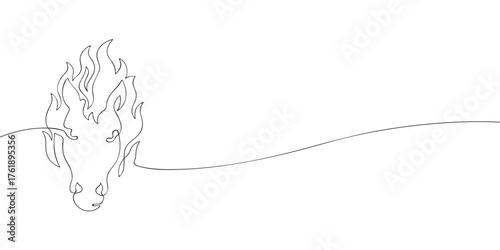 Continuous line drawing of a horse head with a flaming mane. Minimal contour illustration symbolizing the year 2026. Template for zodiac, calendar, or New Year design and print
