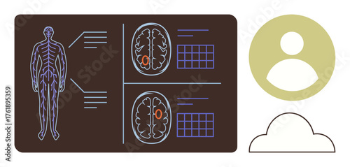 Human body outline, two brain scans, and visual grids represent medical diagnostics, neuroscience, data analysis, technology, healthcare, brain mapping, and cloud storage in a simple flat metaphor