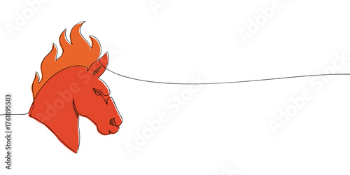 Minimal continuous line drawing of a red horse head with flaming mane symbolizing the year 2026. One line illustration for Chinese zodiac, New Year, and design template