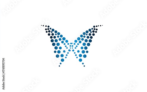 An abstract butterfly composed of various sized blue dots against a clean white background