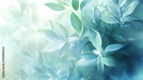 Lush, serene foliage with soft light filtering through leaves, creating a tranquil, nature-inspired backdrop