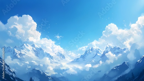 Majestic mountain landscape under a clear blue sky with fluffy clouds and distant peaks