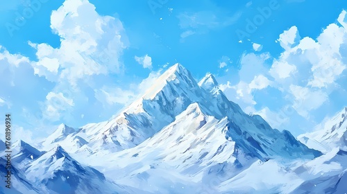 Majestic snow-capped mountains under a clear blue sky with fluffy clouds in the background